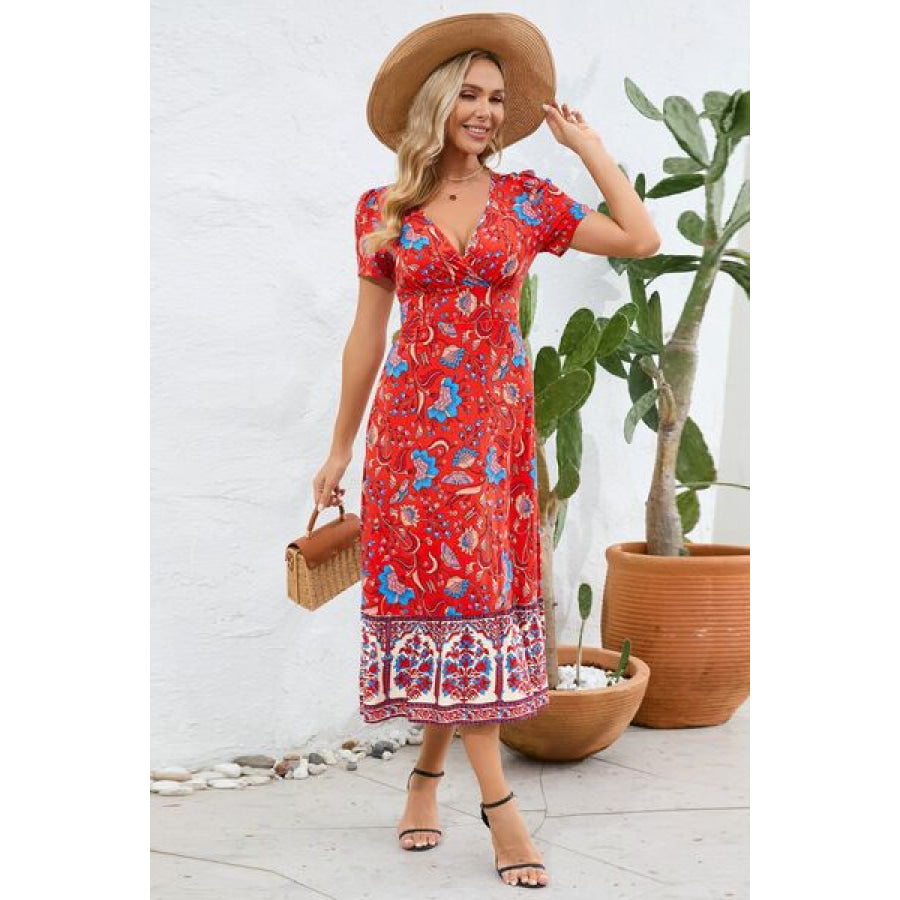 Printed Surplice Short Sleeve Dress Apparel and Accessories