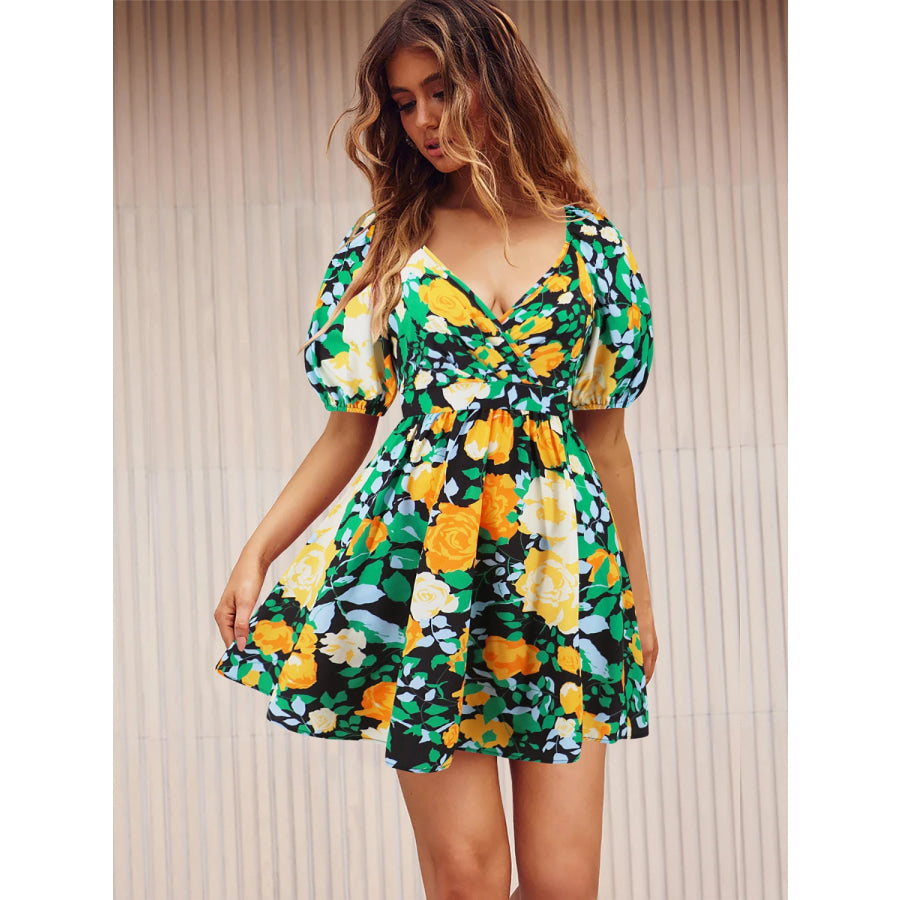 Printed Surplice Short Sleeve Dress Apparel and Accessories