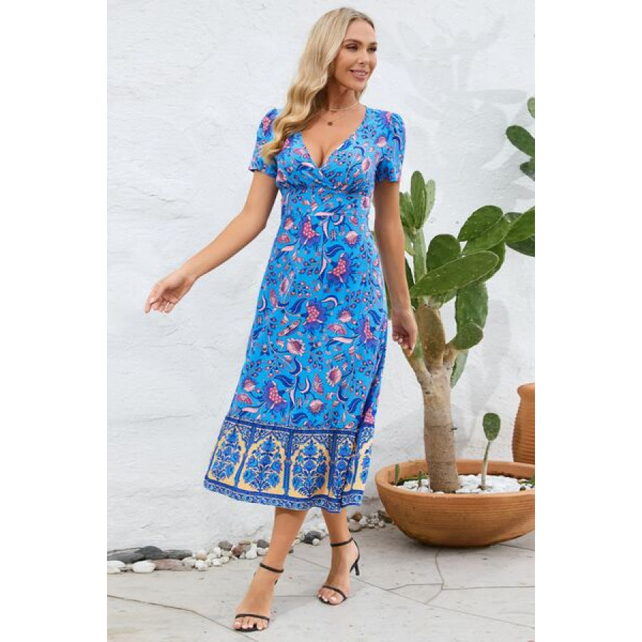 Printed Surplice Short Sleeve Dress Apparel and Accessories