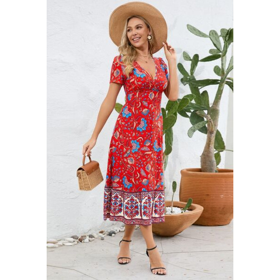 Printed Surplice Short Sleeve Dress Apparel and Accessories