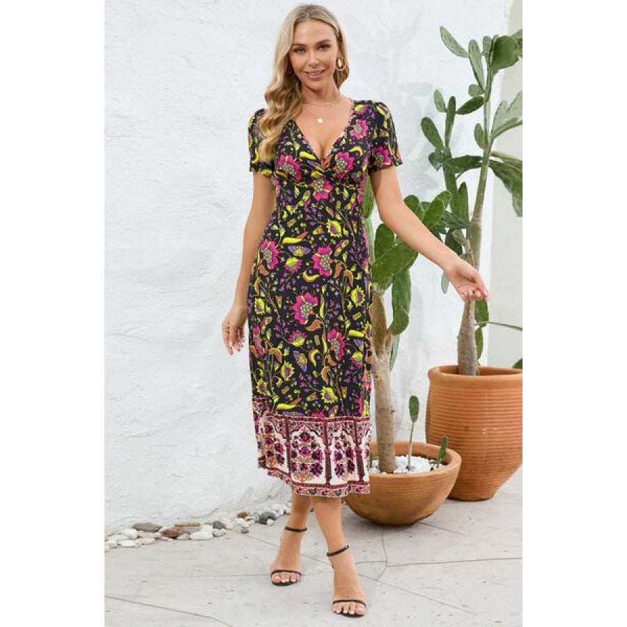 Printed Surplice Short Sleeve Dress Apparel and Accessories