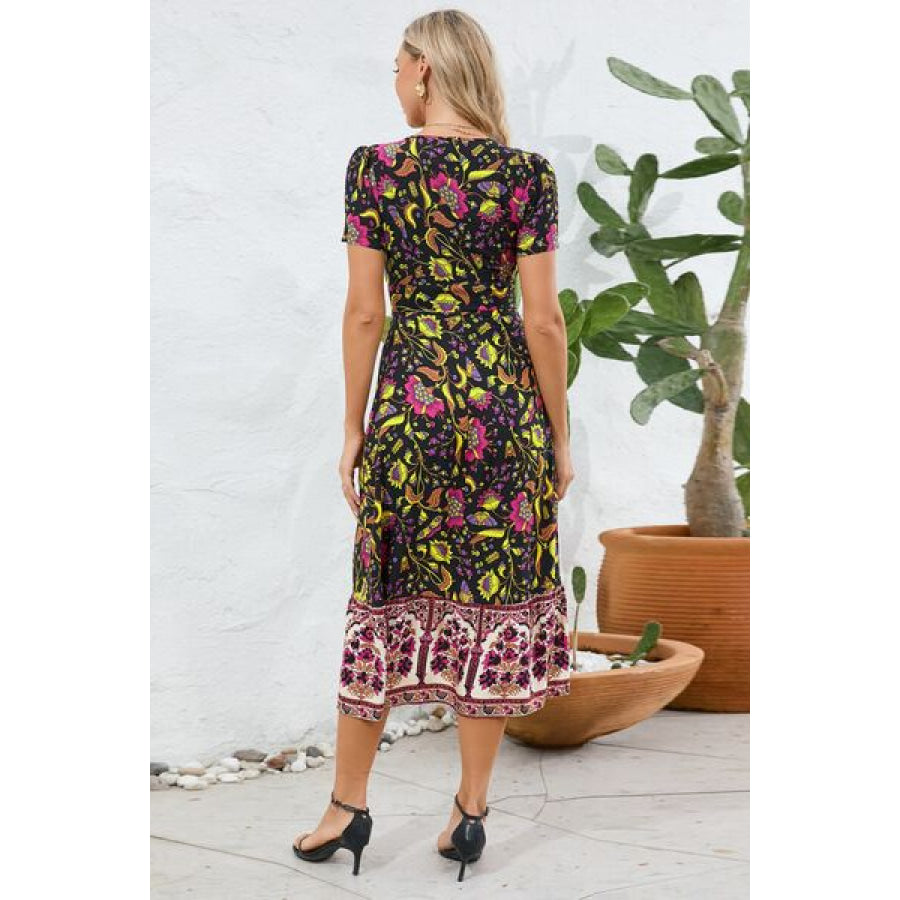 Printed Surplice Short Sleeve Dress Apparel and Accessories