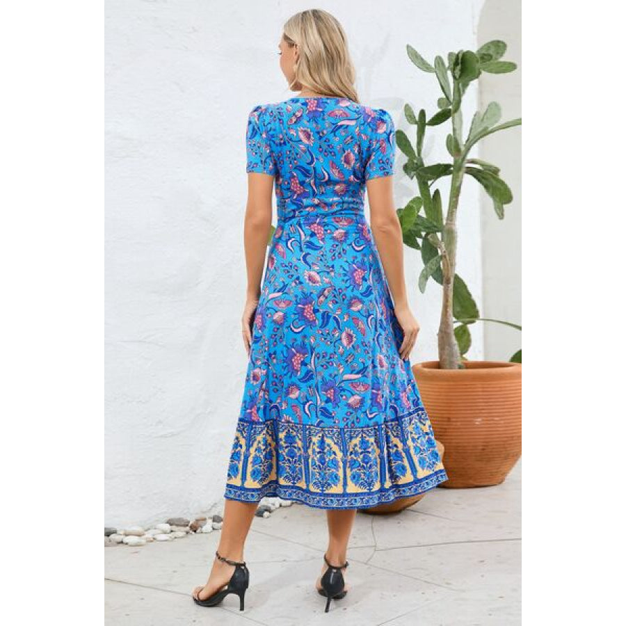 Printed Surplice Short Sleeve Dress Apparel and Accessories