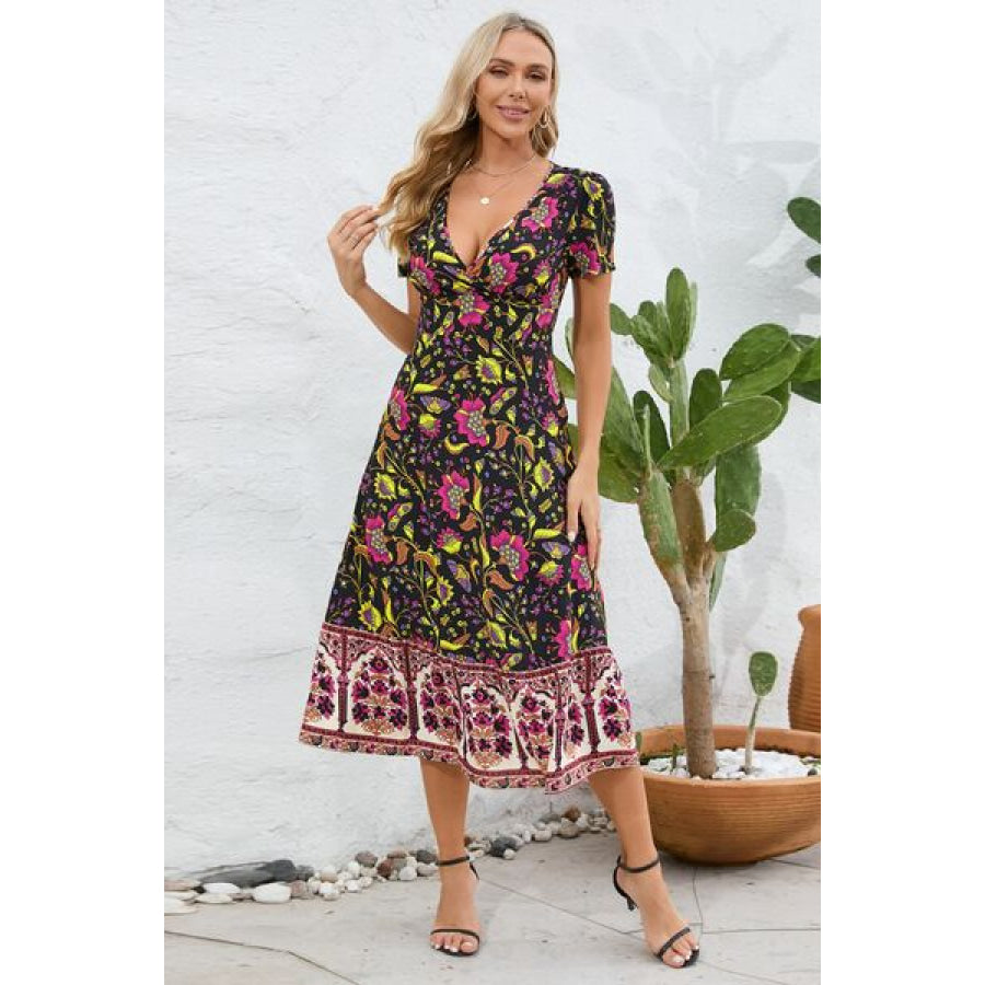 Printed Surplice Short Sleeve Dress Apparel and Accessories