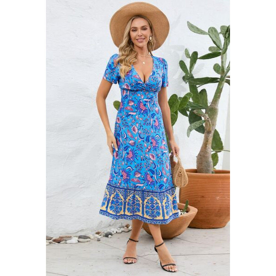 Printed Surplice Short Sleeve Dress Azure / S Apparel and Accessories