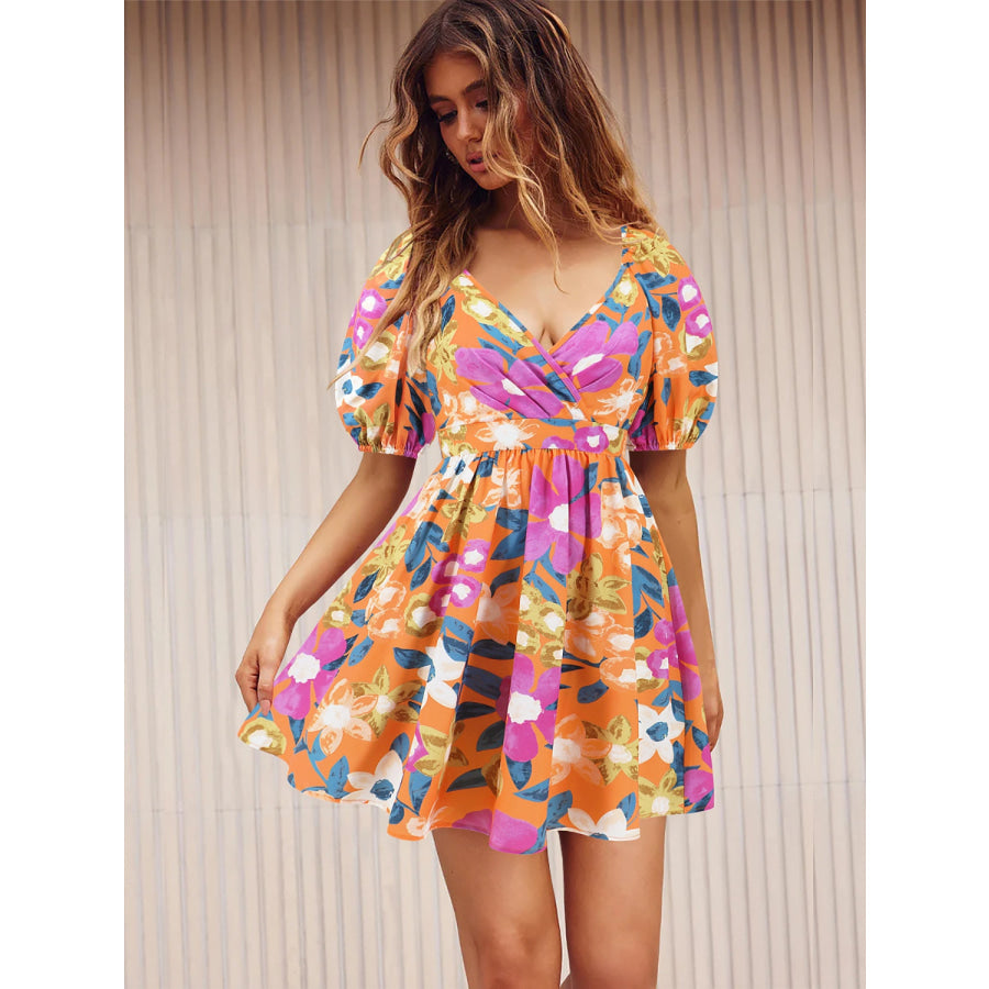 Printed Surplice Short Sleeve Dress Tangerine / S Apparel and Accessories