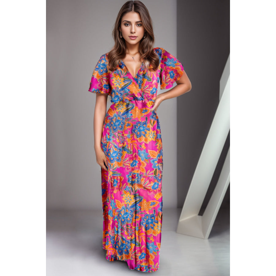 Printed Surplice Short Sleeve Maxi Dress Multicolor / S Apparel and Accessories