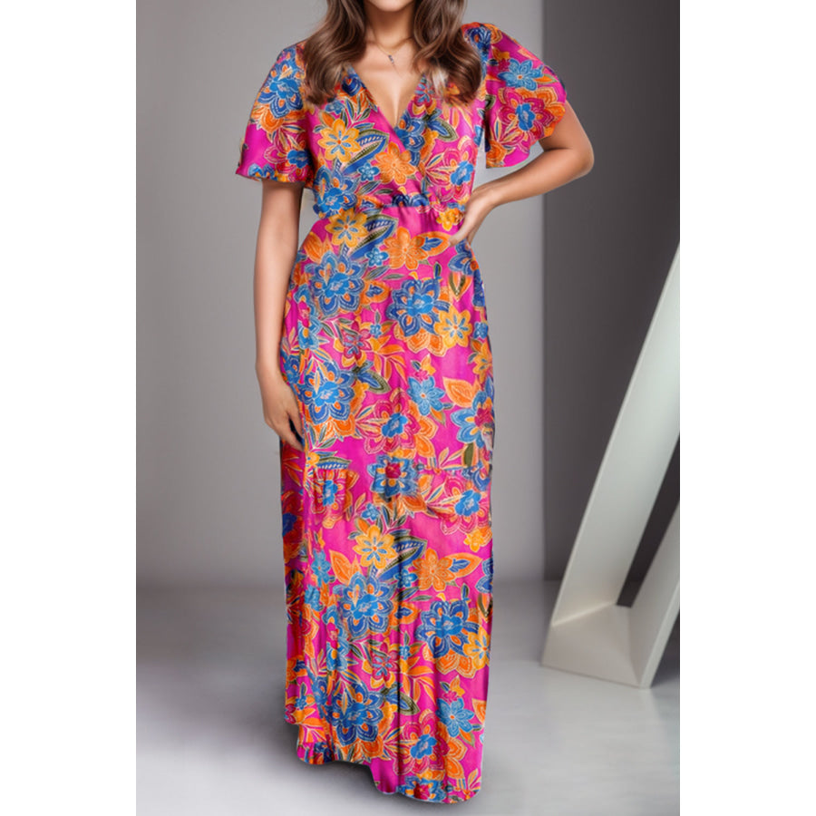 Printed Surplice Short Sleeve Maxi Dress Multicolor / S Apparel and Accessories