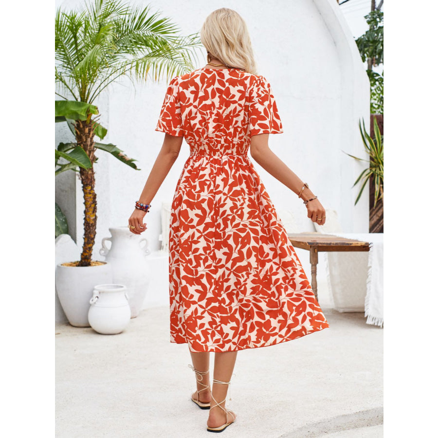 Printed Surplice Short Sleeve Midi Dress Orange / S Apparel and Accessories