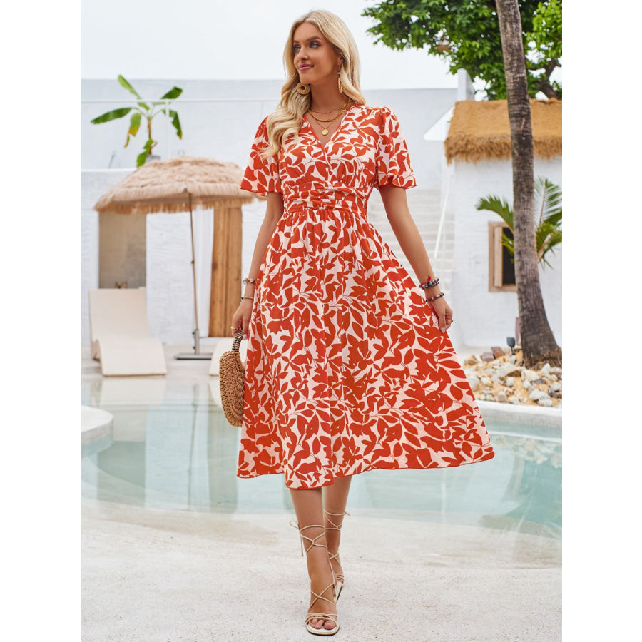 Printed Surplice Short Sleeve Midi Dress Orange / S Apparel and Accessories