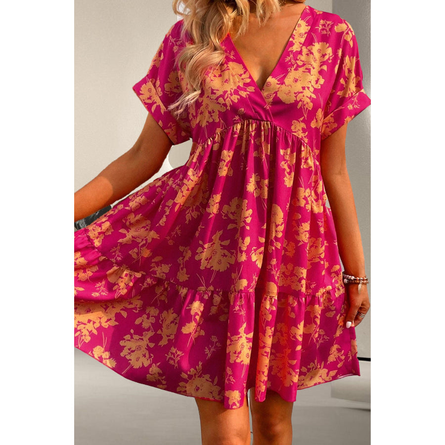 Printed Surplice Short Sleeve Mini Dress Floral / S Apparel and Accessories