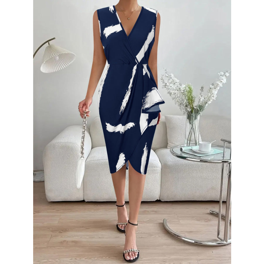 Printed Surplice Sleeveless Knee Length Dress Cobalt Blue / S Apparel and Accessories