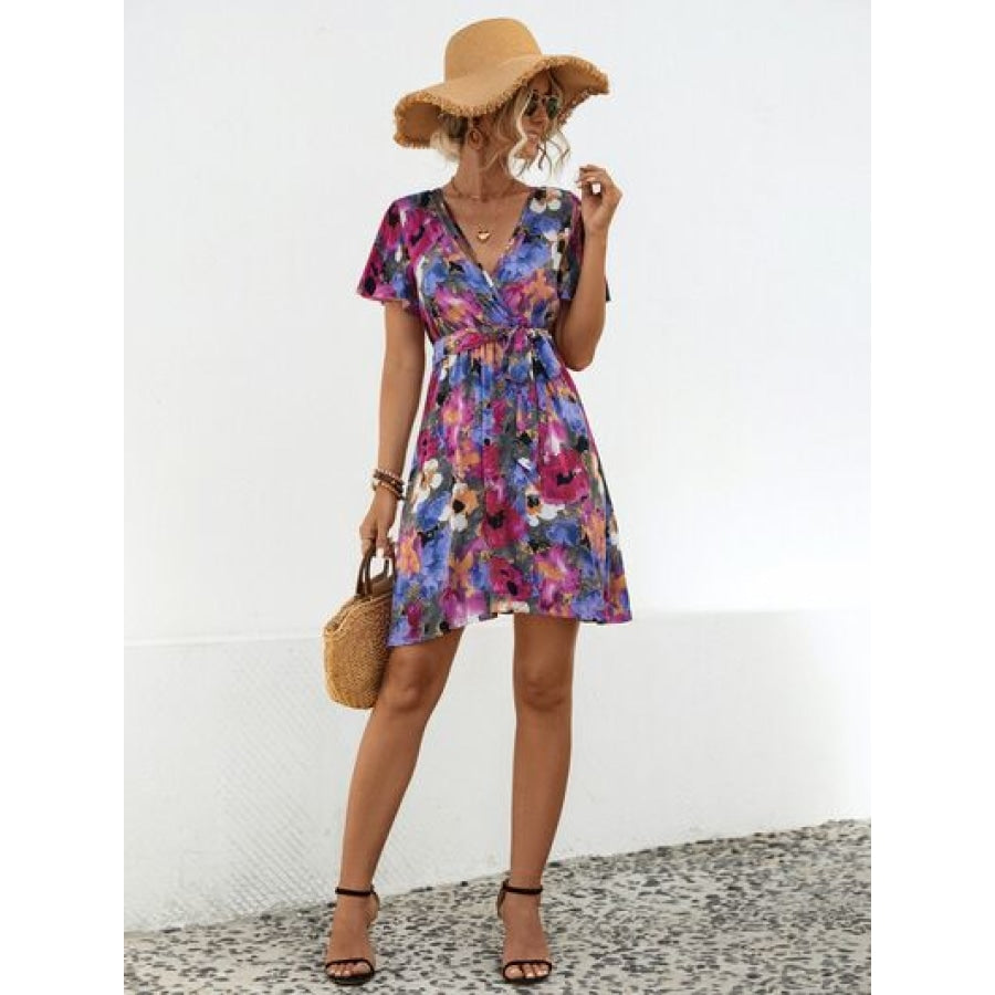 Printed Surplice Tie Waist Mini Dress Apparel and Accessories