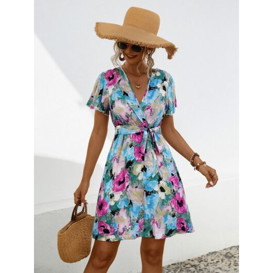 Printed Surplice Tie Waist Mini Dress Apparel and Accessories