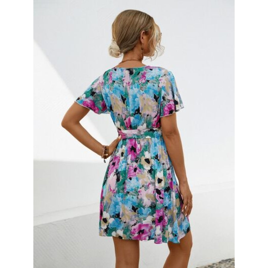 Printed Surplice Tie Waist Mini Dress Apparel and Accessories