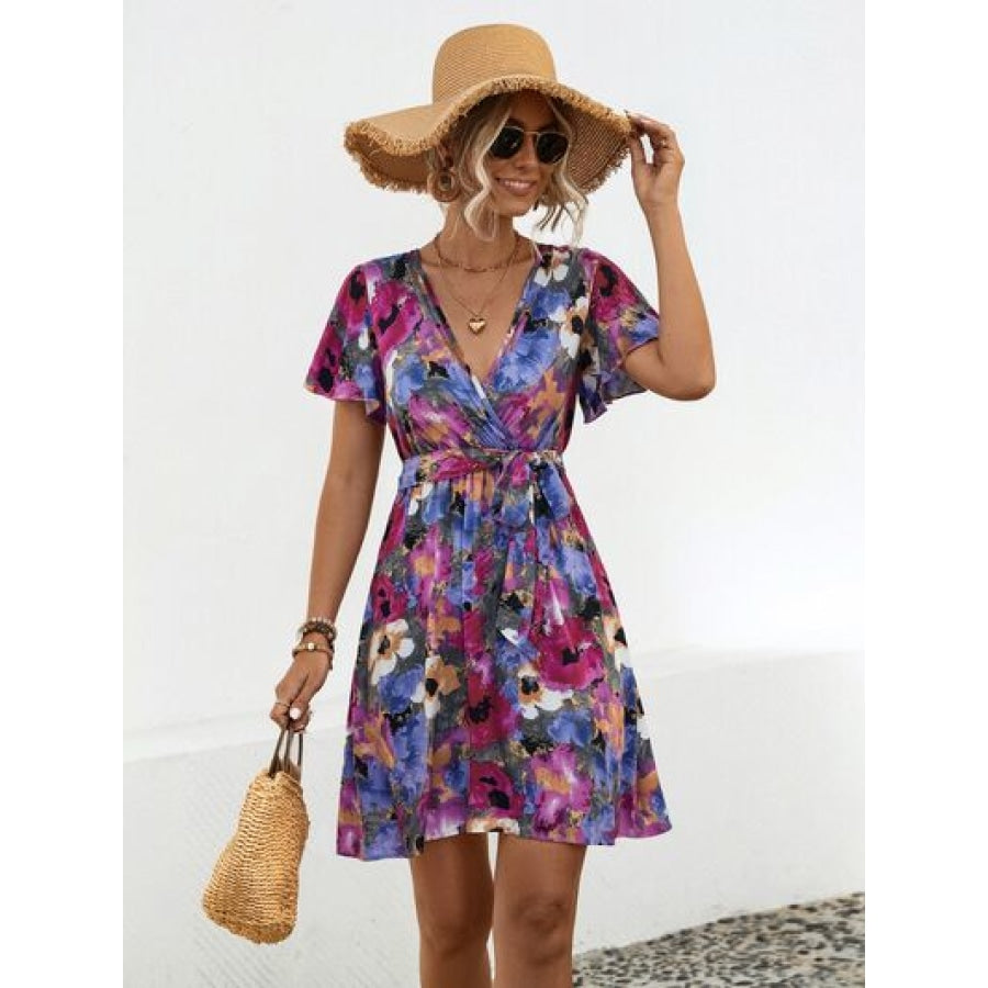 Printed Surplice Tie Waist Mini Dress Apparel and Accessories