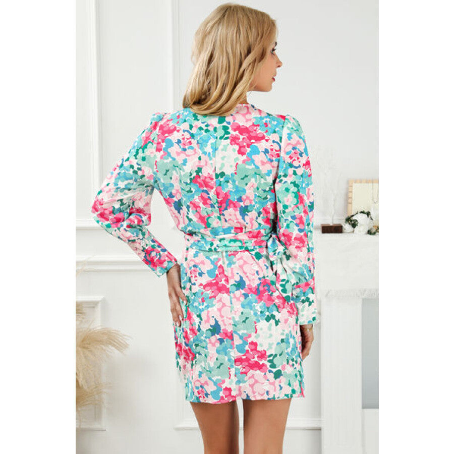 Printed Surplice Tie Waist Mini Dress Apparel and Accessories