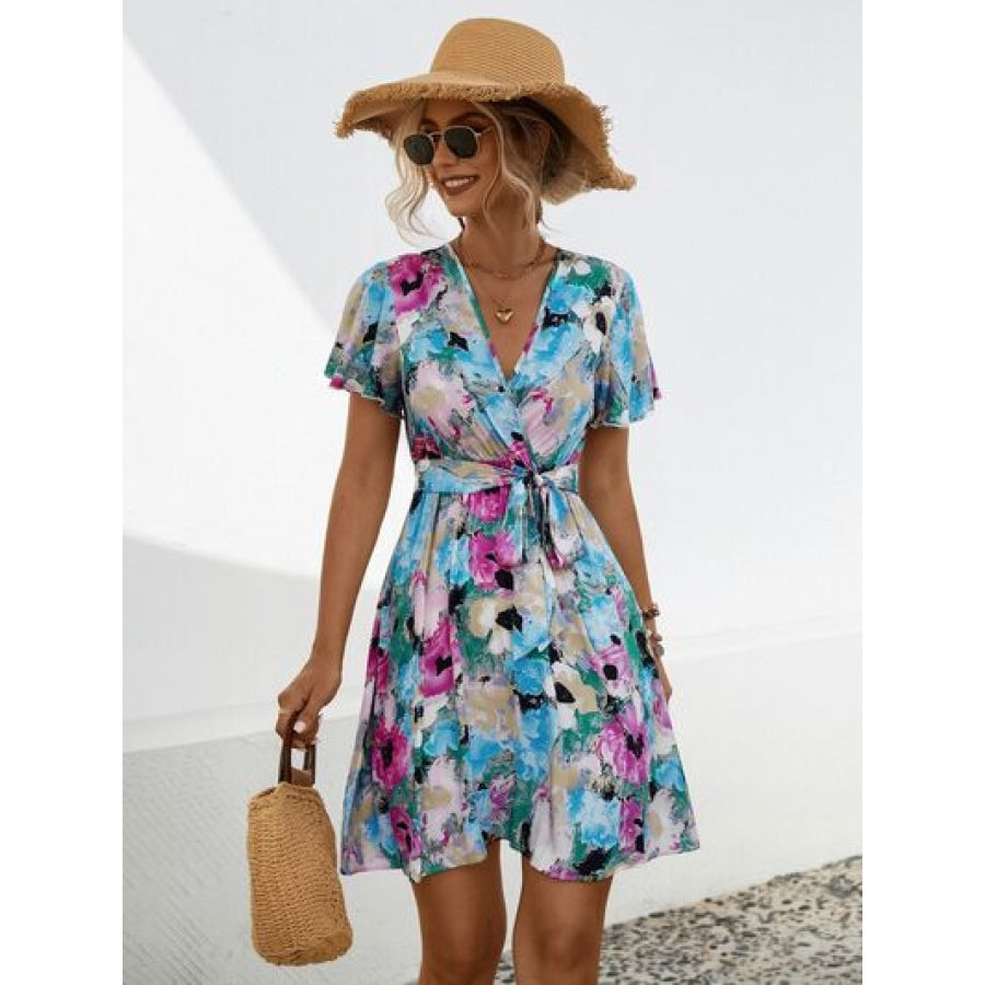 Printed Surplice Tie Waist Mini Dress Apparel and Accessories