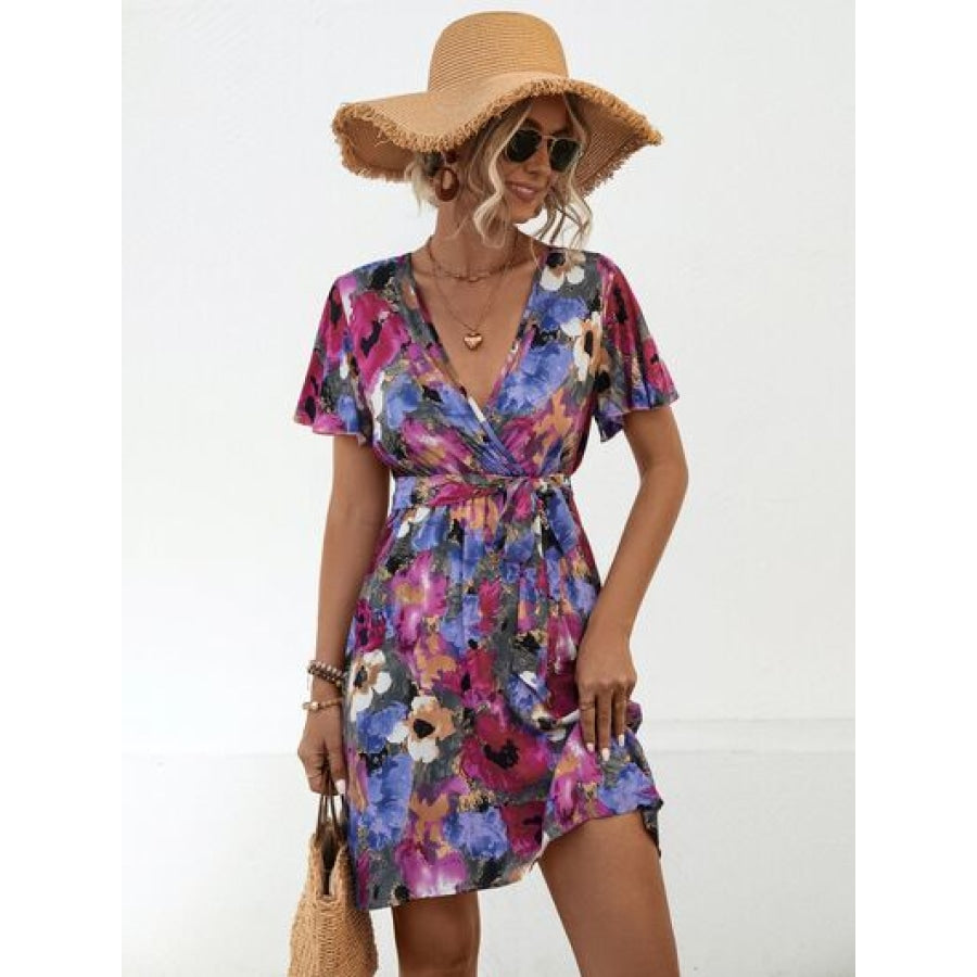 Printed Surplice Tie Waist Mini Dress Fuchsia / S Apparel and Accessories