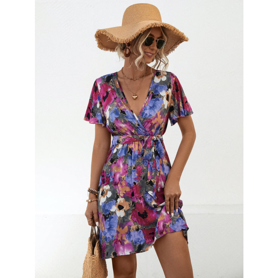 Printed Surplice Tie Waist Mini Dress Fuchsia / XL Apparel and Accessories