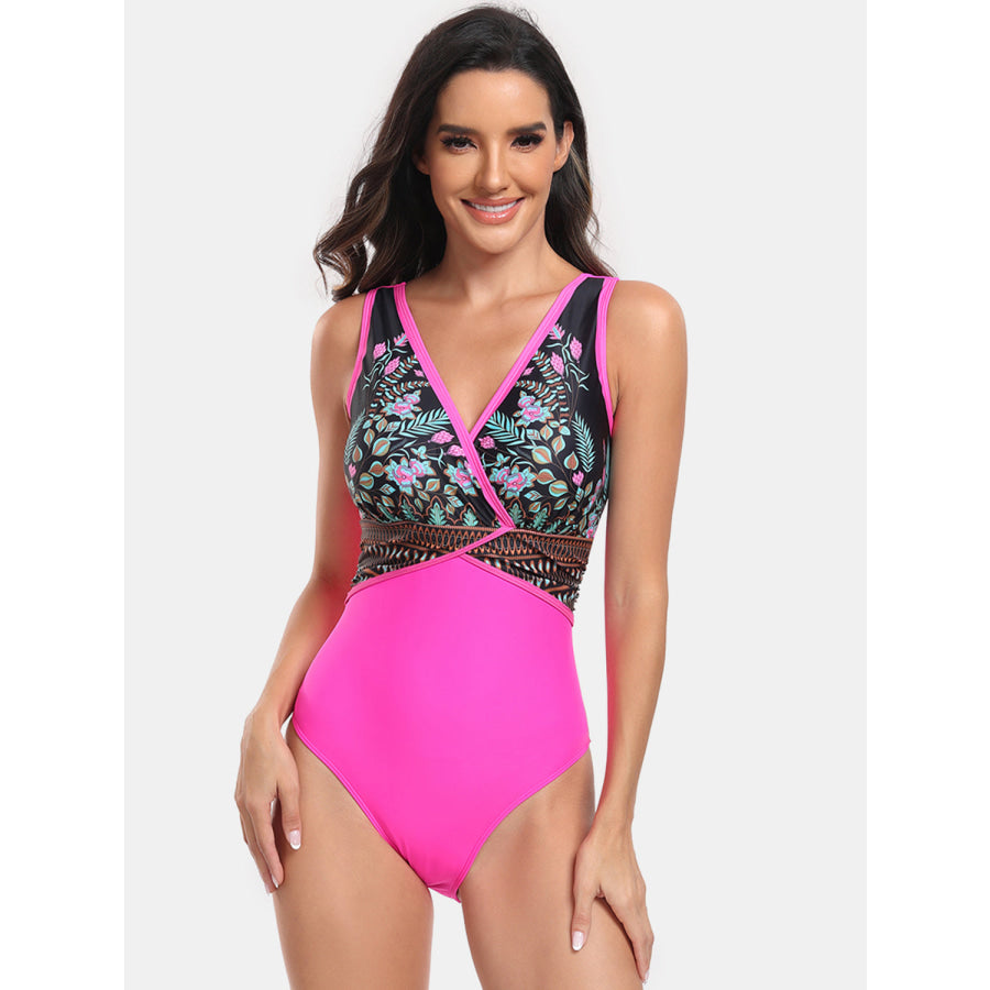 Printed Surplice Wide Strap One-Piece Swimwear Hot Pink / S Apparel and Accessories