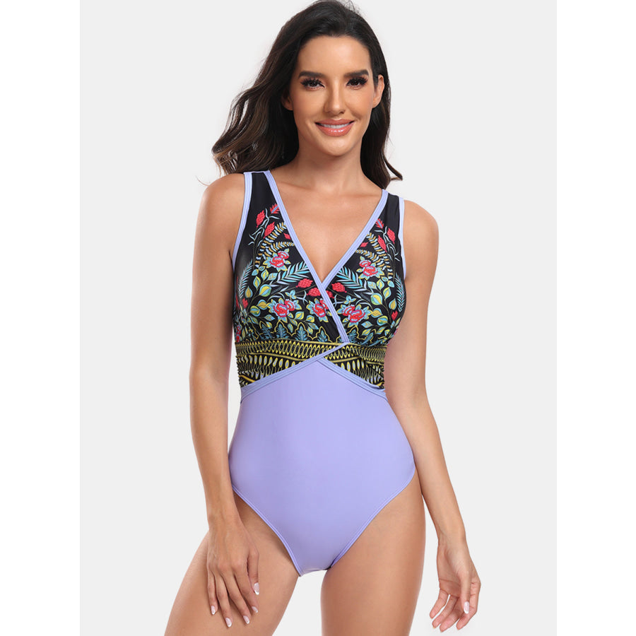 Printed Surplice Wide Strap One-Piece Swimwear Periwinkle / S Apparel and Accessories
