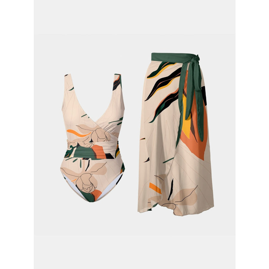 Printed Surplice Wide Strap Swimwear and Skirt Swim Set Sand / S Apparel Accessories