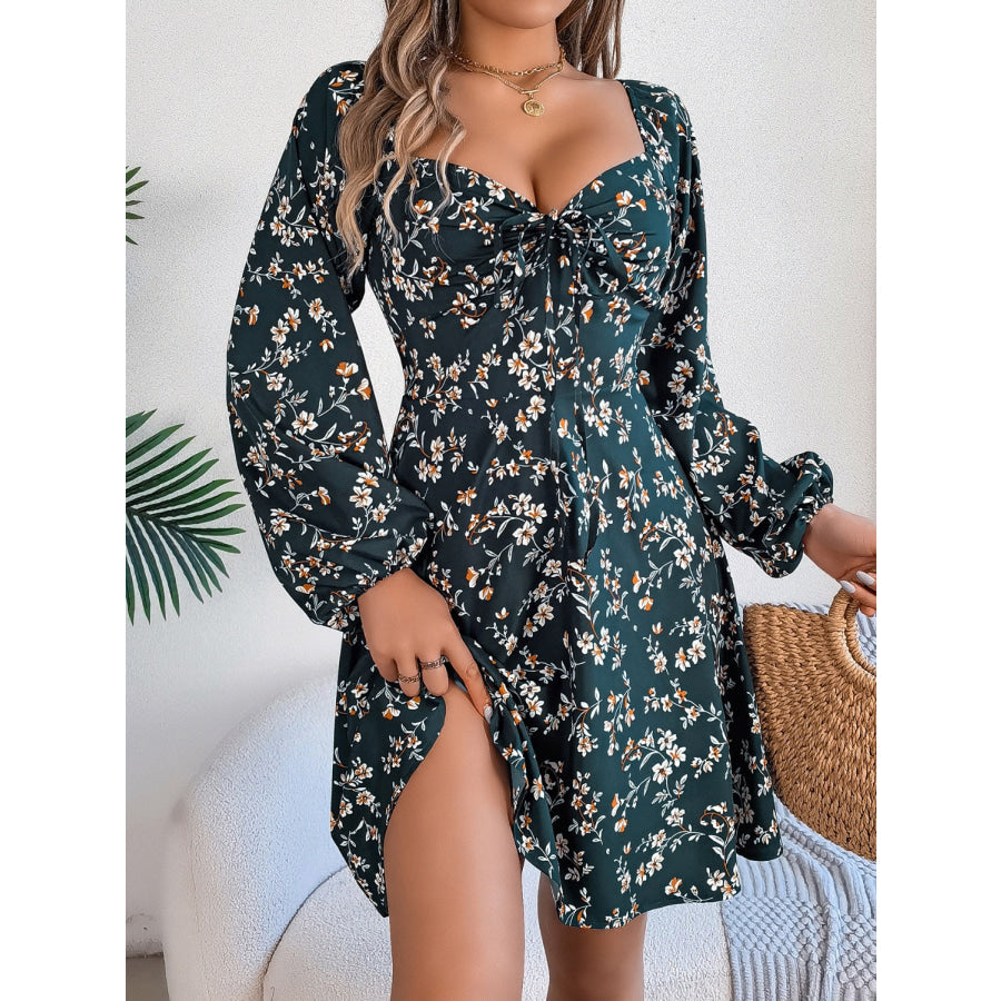 Printed Sweetheart Neck Balloon Sleeve Mini Dress Apparel and Accessories