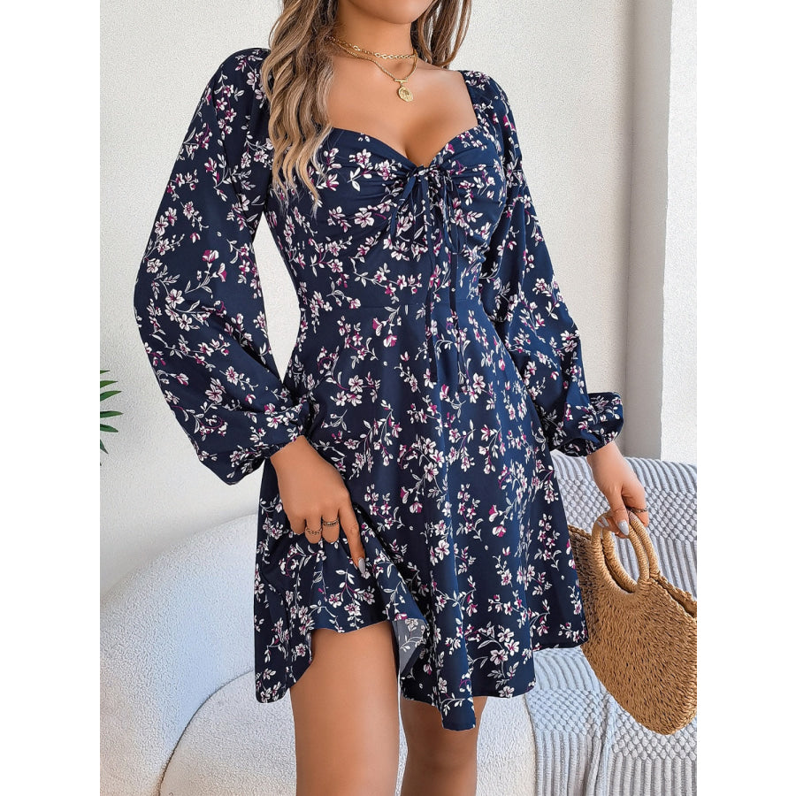 Printed Sweetheart Neck Balloon Sleeve Mini Dress Apparel and Accessories