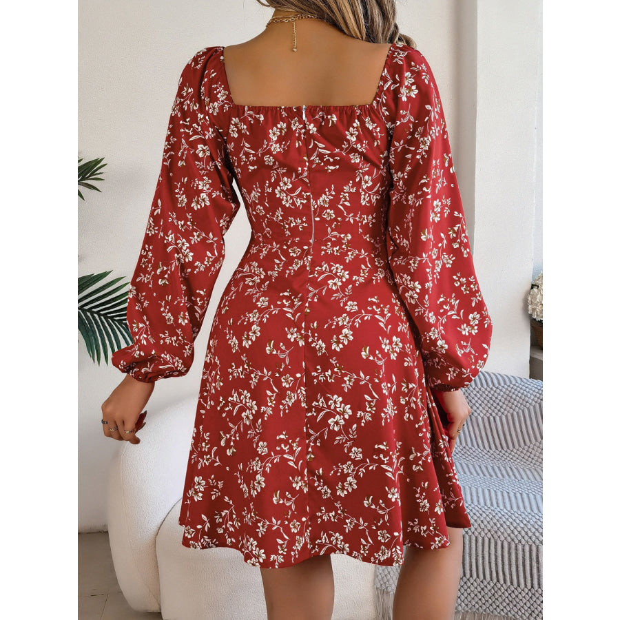 Printed Sweetheart Neck Balloon Sleeve Mini Dress Apparel and Accessories