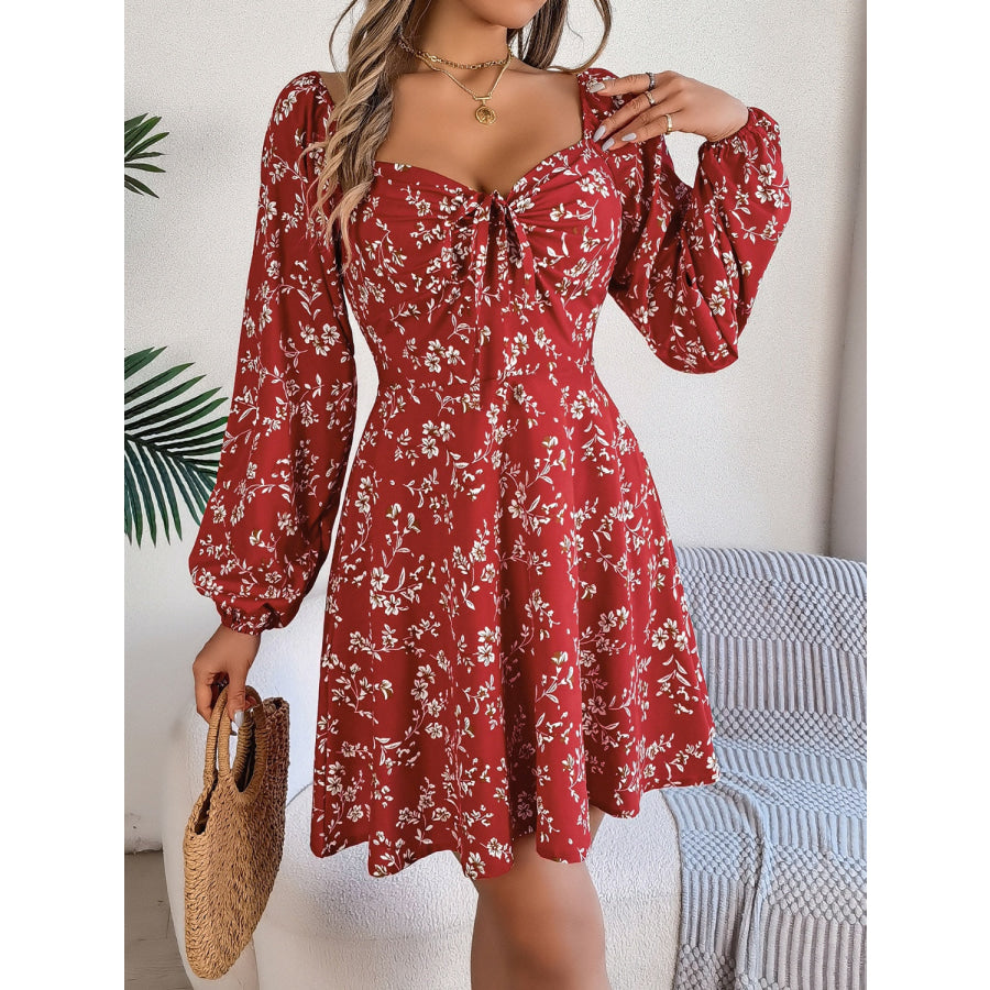 Printed Sweetheart Neck Balloon Sleeve Mini Dress Apparel and Accessories