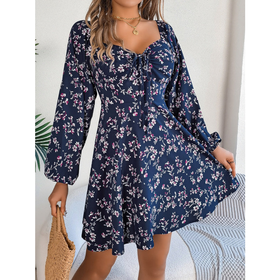 Printed Sweetheart Neck Balloon Sleeve Mini Dress Apparel and Accessories