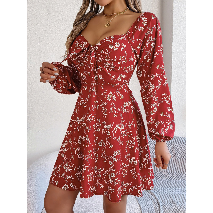 Printed Sweetheart Neck Balloon Sleeve Mini Dress Apparel and Accessories