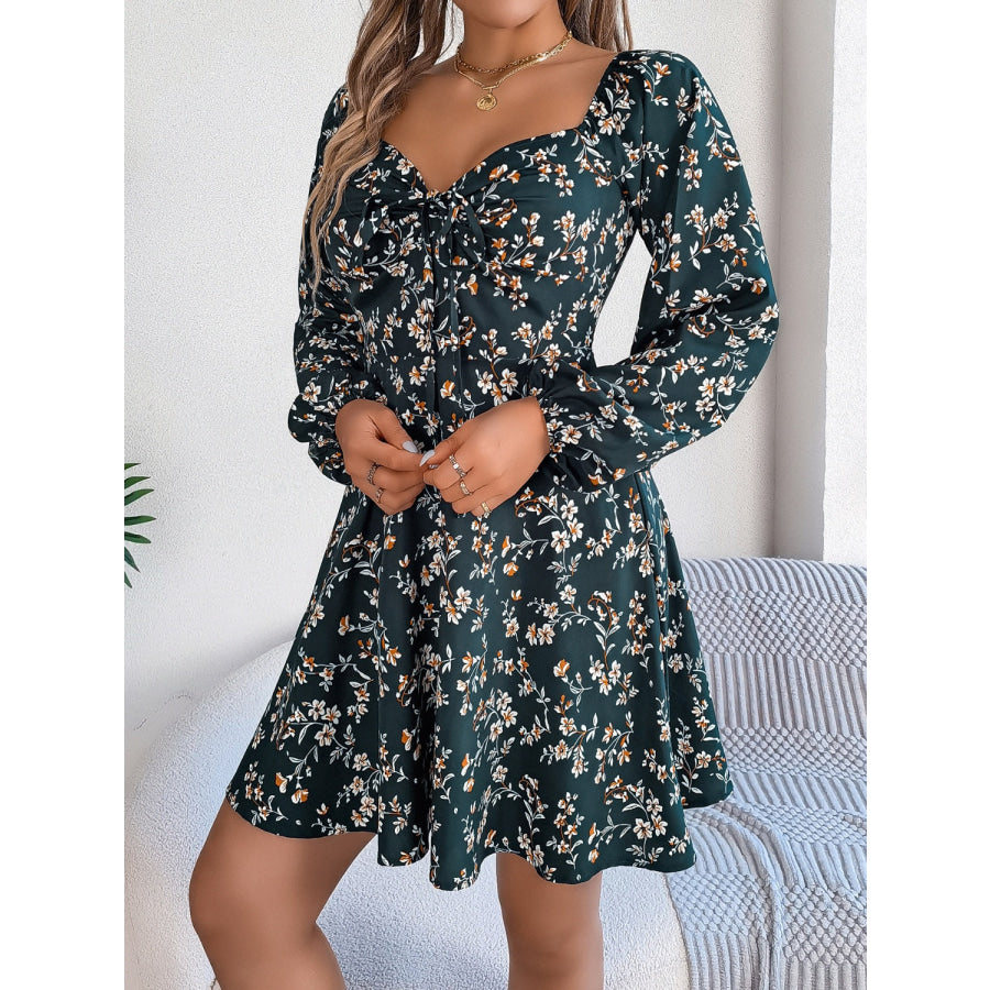 Printed Sweetheart Neck Balloon Sleeve Mini Dress Apparel and Accessories