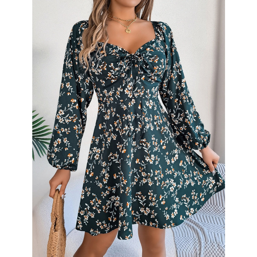 Printed Sweetheart Neck Balloon Sleeve Mini Dress Apparel and Accessories