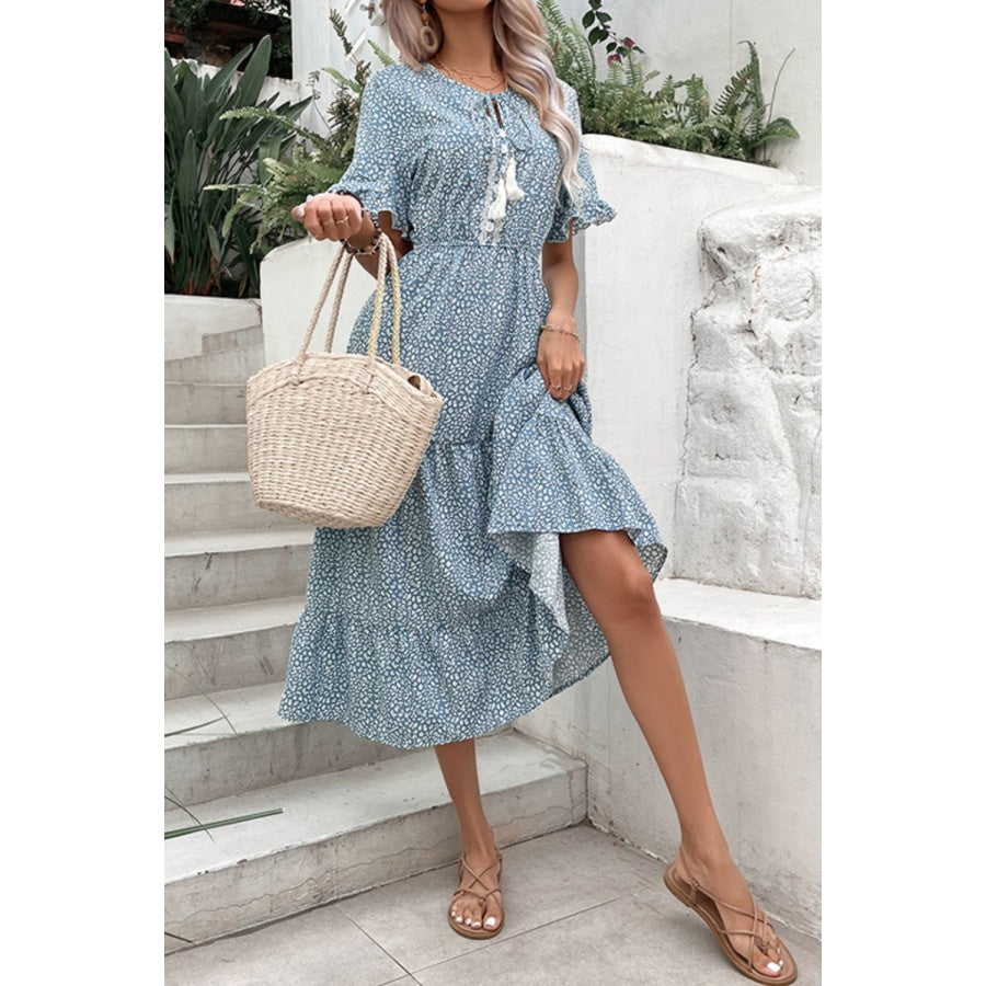 Printed Tassel Tie Flounce Sleeve Dress Misty Blue / S