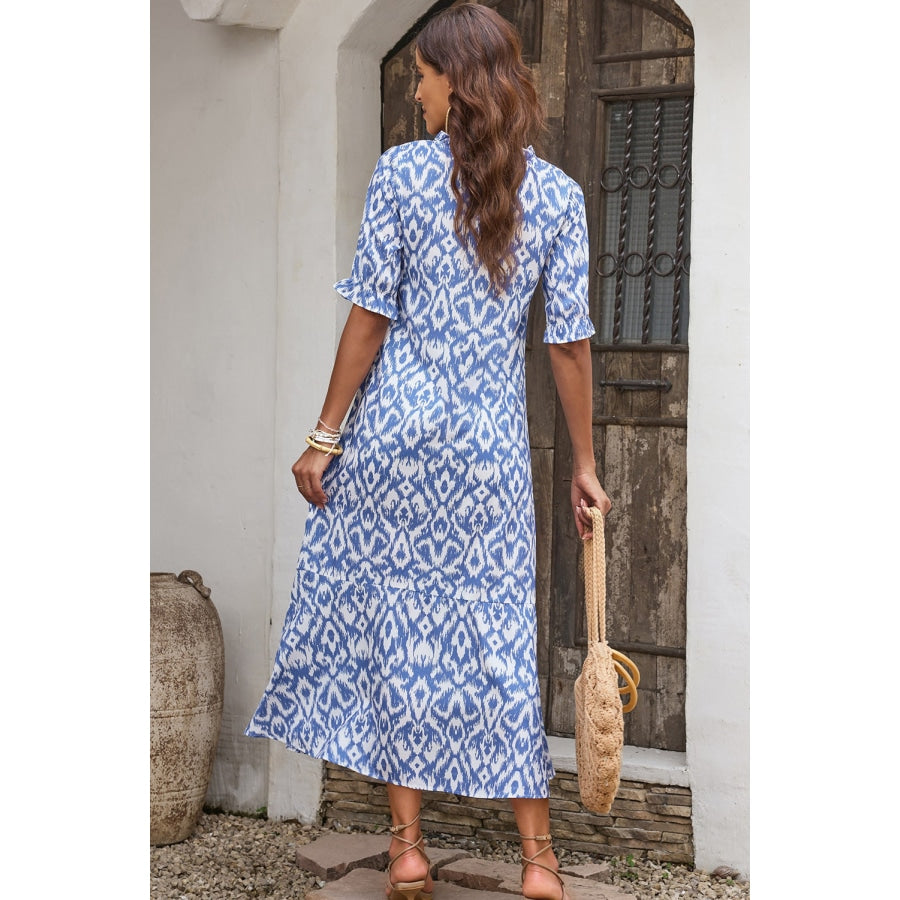 Printed Tassel Tie Flounce Sleeve Dress