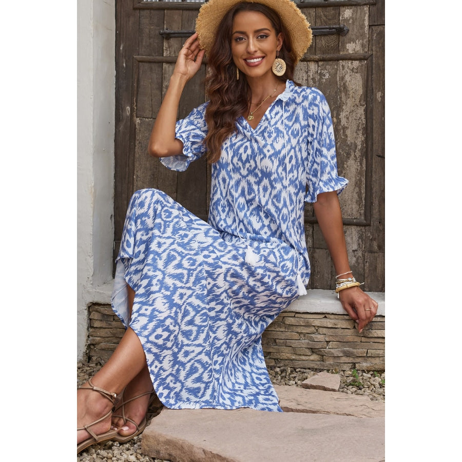 Printed Tassel Tie Flounce Sleeve Dress