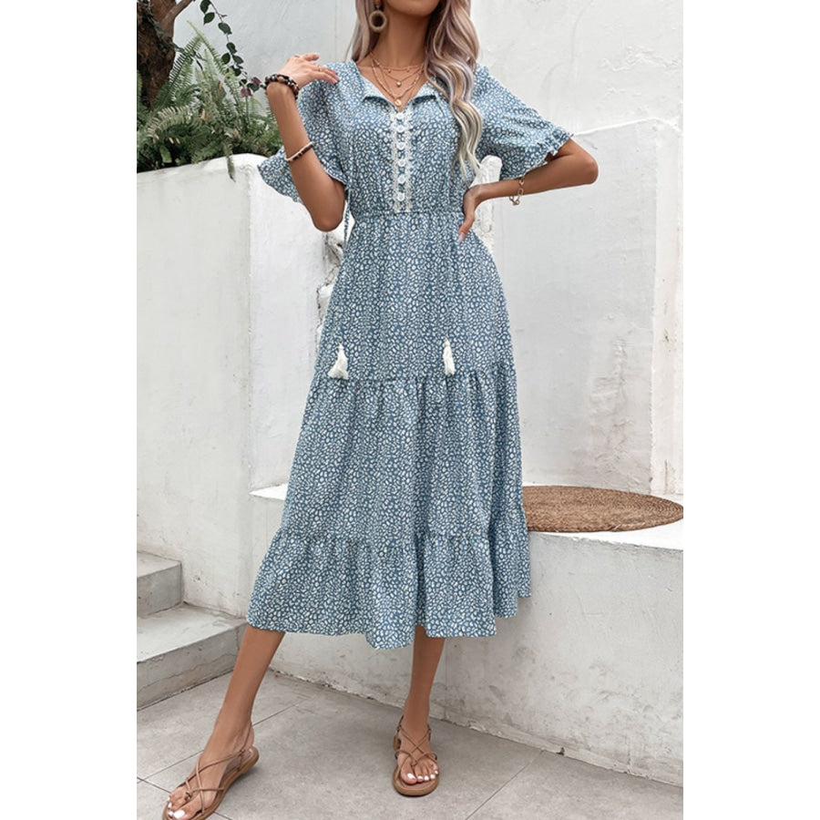 Printed Tassel Tie Flounce Sleeve Dress