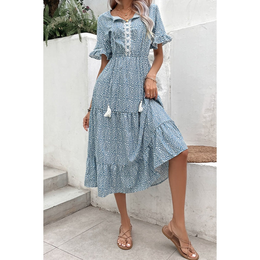 Printed Tassel Tie Flounce Sleeve Dress