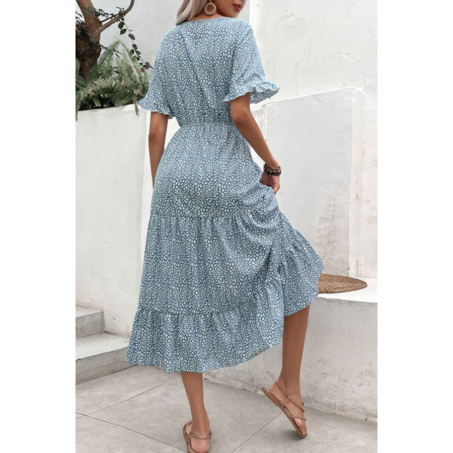 Printed Tassel Tie Flounce Sleeve Dress