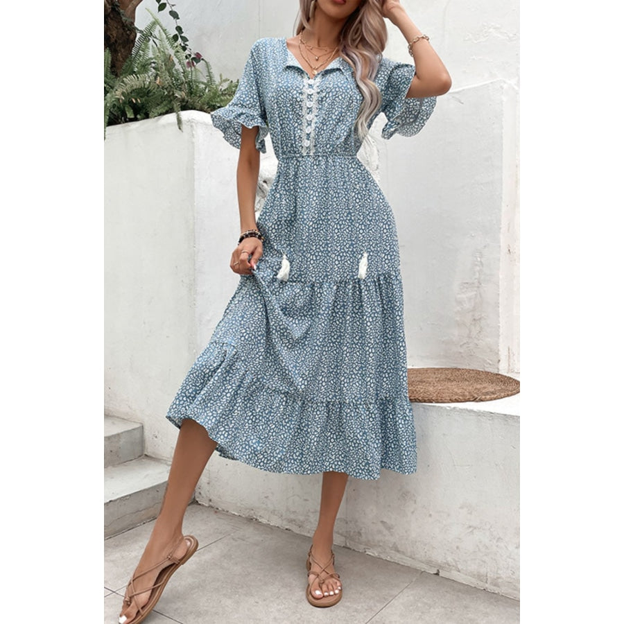 Printed Tassel Tie Flounce Sleeve Dress