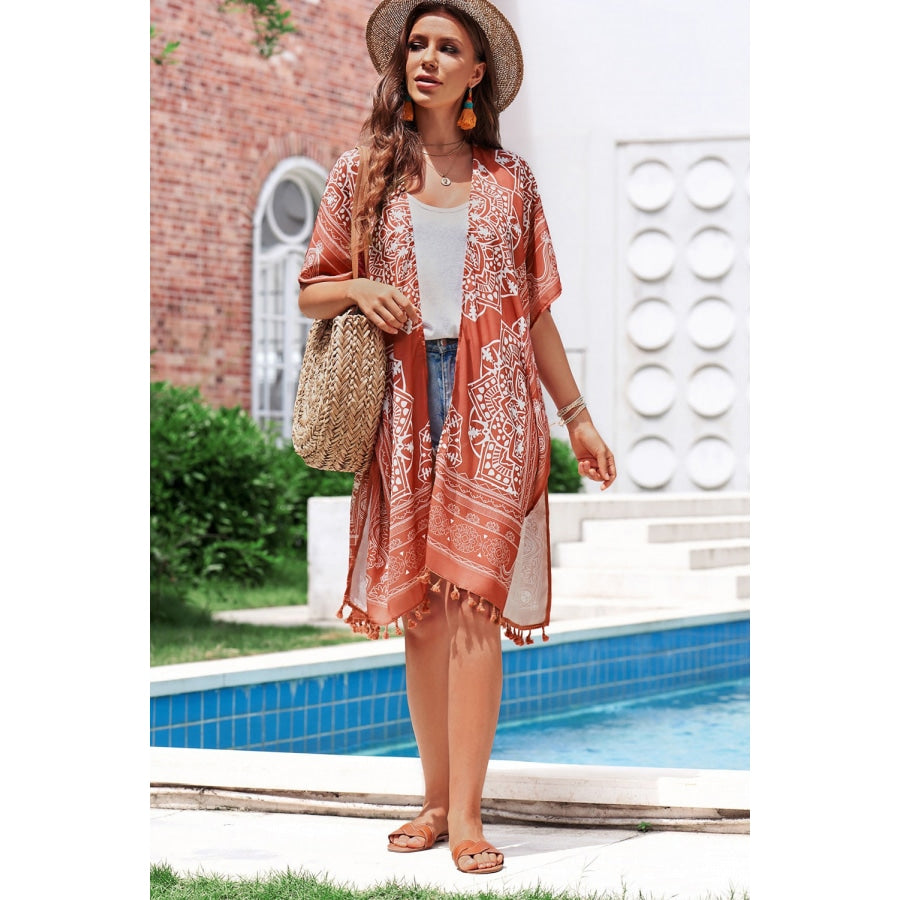 Printed Tassel Trim Open Front Cardigan