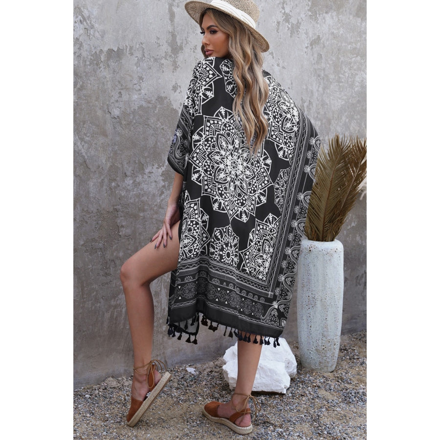 Printed Tassel Trim Open Front Cardigan