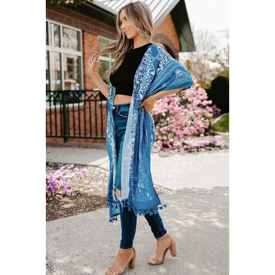 Printed Tassel Trim Open Front Cardigan