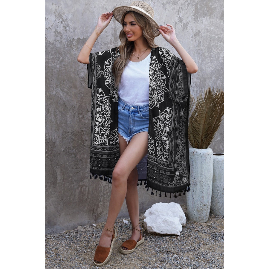 Printed Tassel Trim Open Front Cardigan