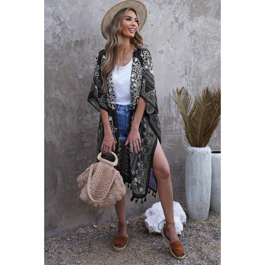 Printed Tassel Trim Open Front Cardigan