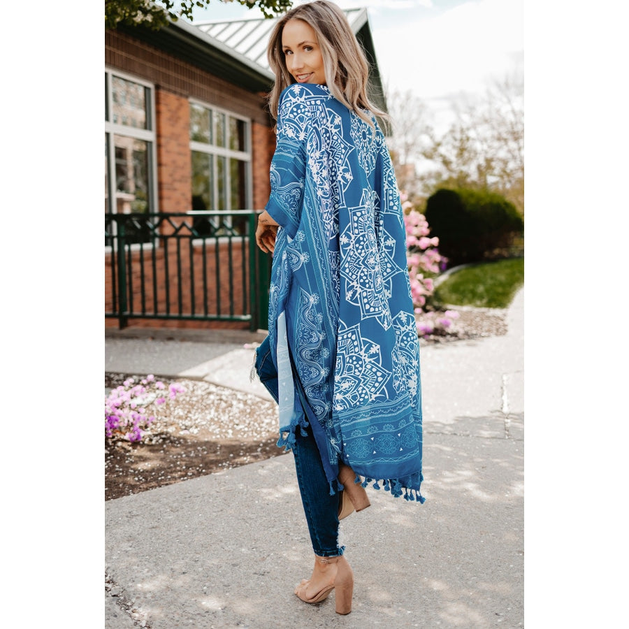 Printed Tassel Trim Open Front Cardigan Sky Blue / One Size