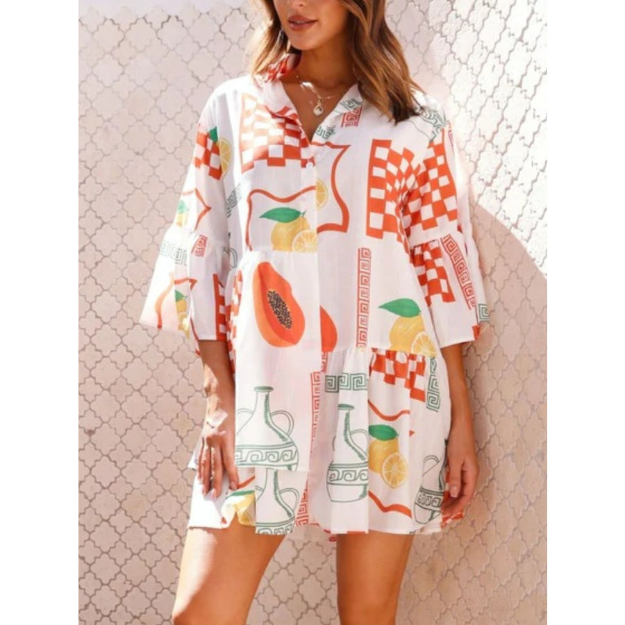 Printed Three-Quarter Sleeve Mini Dress Orange / S Apparel and Accessories
