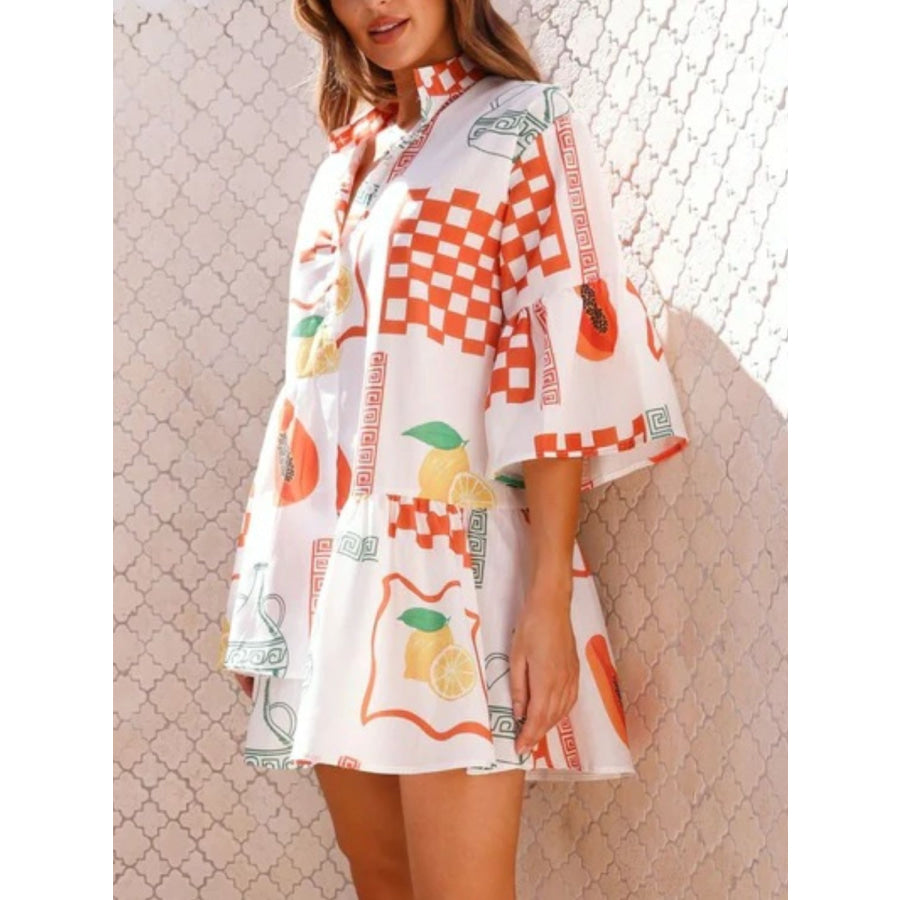 Printed Three-Quarter Sleeve Mini Dress Apparel and Accessories